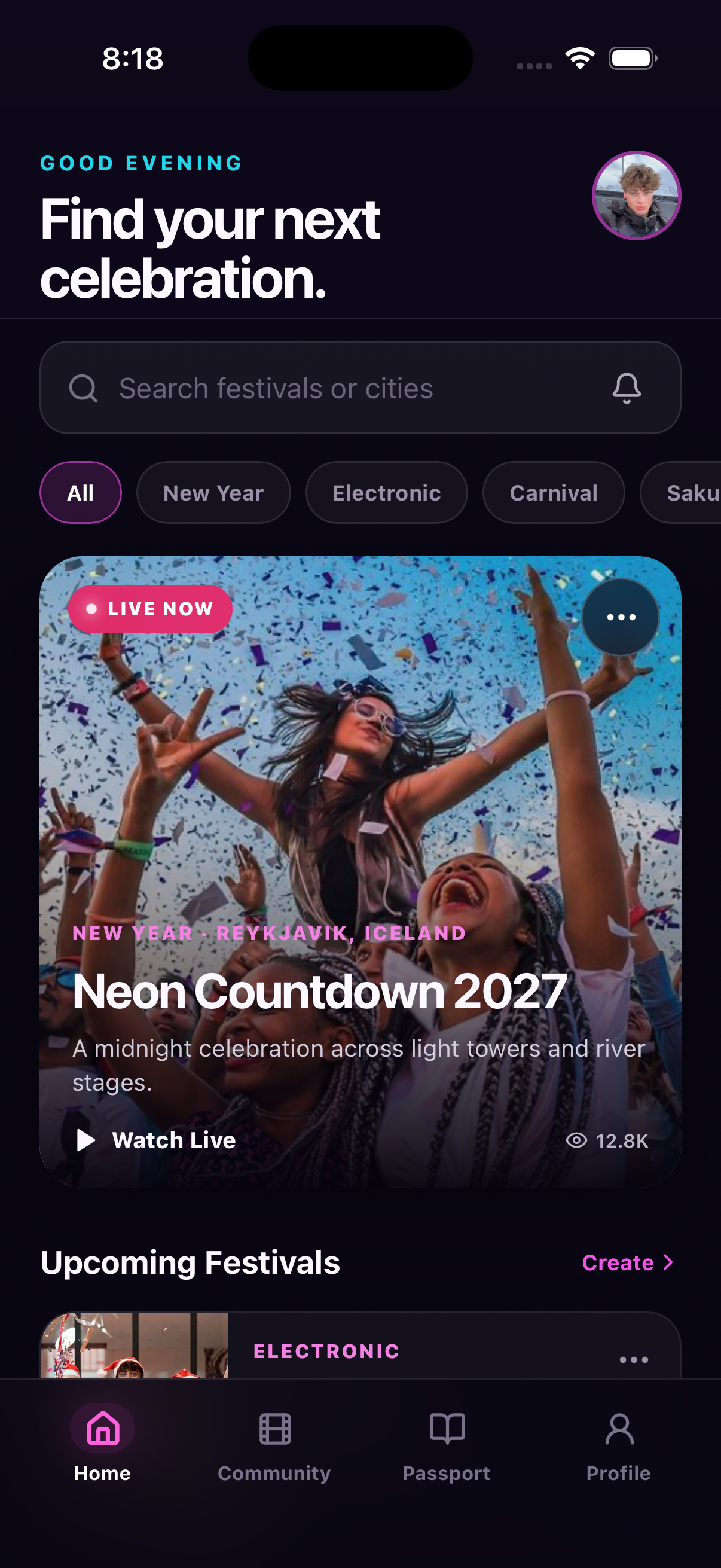 FestLiv home screen showing a featured festival event