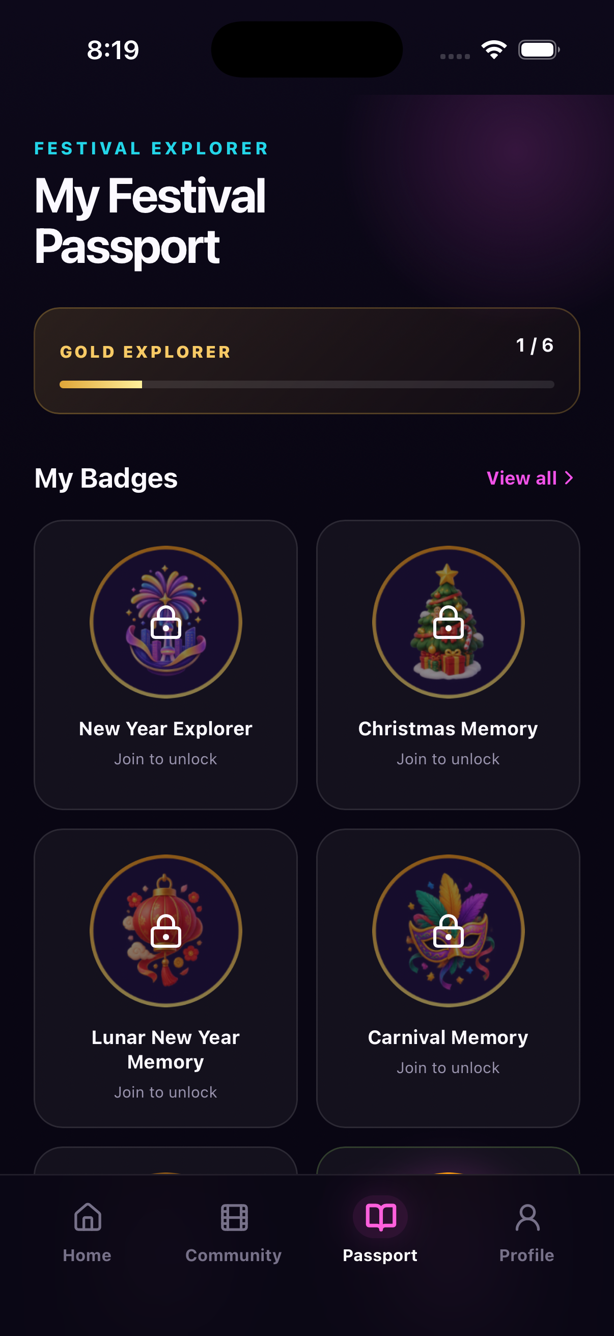 FestLiv passport screen showing festival badges